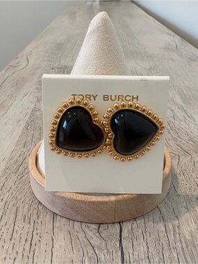 Tory Burch Gold and Deep Red Heart Stud Earrings